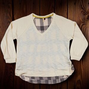 Anthropologie Pilcro Women's Top Size XL Cream Gray Plaid Vneck Pullover